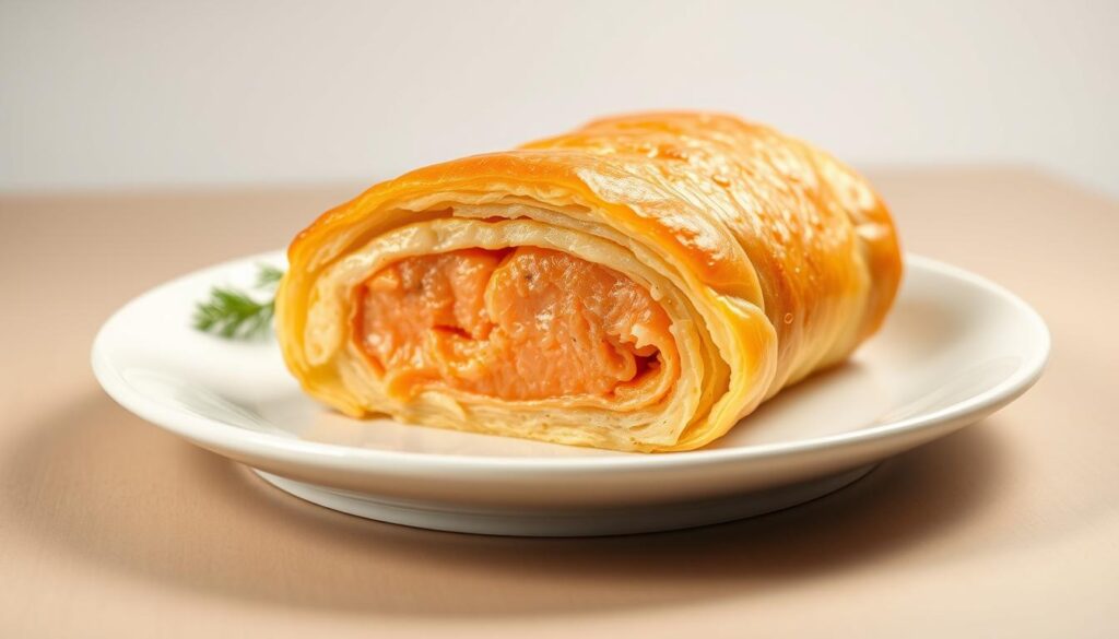 A creamy baked salmon roll, its tender flesh wrapped in a golden-brown pastry shell, sits atop a pristine white plate. The flaky crust glistens under warm, even lighting, casting a soft, inviting glow. The roll's cross-section reveals the luscious salmon interior, its rich, buttery hue complemented by delicate flecks of dill. The plate is set against a minimalist background, allowing the roll to take center stage and showcase its fusion of flavors and textures. A sense of refined elegance permeates the scene, hinting at the satisfying experience that awaits the viewer.