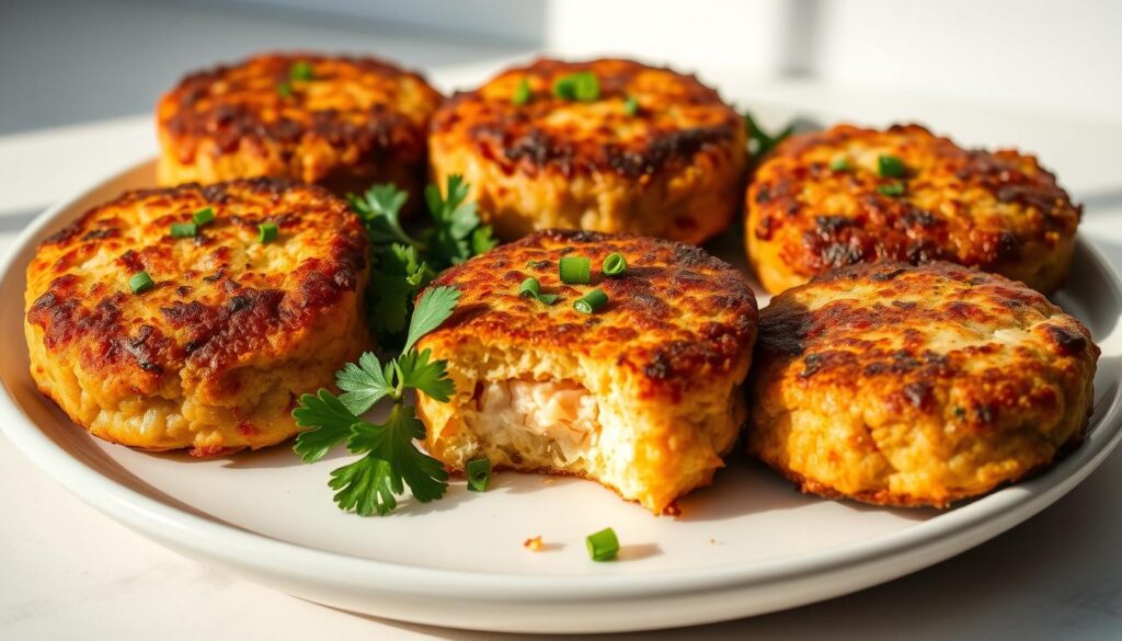 A delectable arrangement of crispy, golden-brown baked salmon cakes, freshly prepared and neatly presented on a white ceramic plate. The cakes are garnished with a sprinkle of chopped fresh parsley, adding a vibrant pop of green to the composition. The lighting is soft and natural, casting gentle shadows that accentuate the textural details of the cakes. The background is a minimalist, slightly blurred setting, allowing the salmon cakes to be the focal point of the image. The overall mood is one of appetizing simplicity, inviting the viewer to imagine the satisfying taste and texture of these homemade salmon delights.