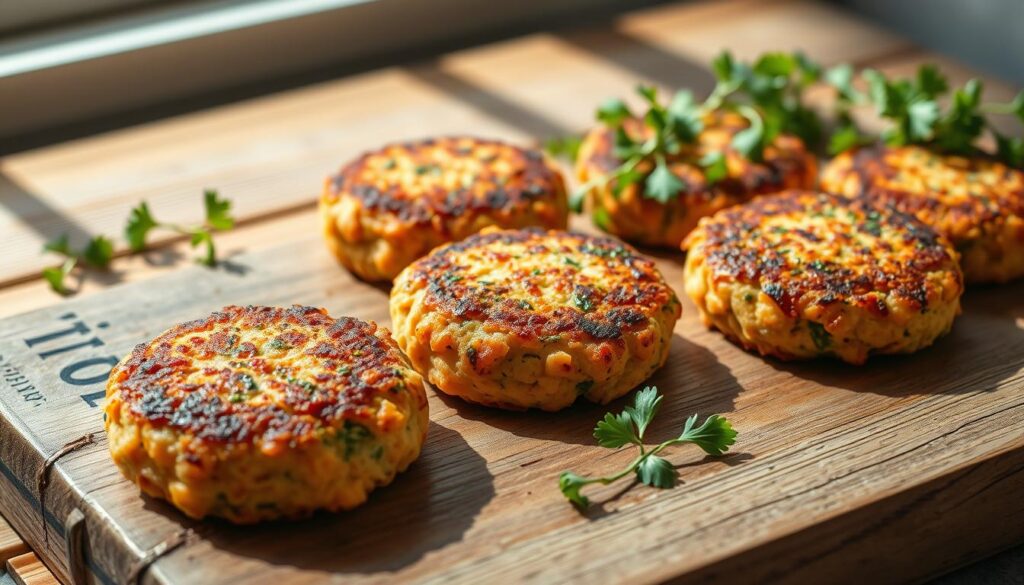 A delectable arrangement of freshly prepared salmon patties, set against a backdrop of natural light and a minimalist, earthy-toned setting. The patties, crafted with high-quality salmon, vibrant herbs, and aromatic spices, are meticulously arranged on a rustic wooden surface, showcasing their golden-brown crisp exterior and tender, flavorful interior. Subtle shadows and gentle highlights enhance the patties' texture and depth, while a clean, uncluttered composition draws the viewer's focus to the star of the dish. The overall mood is one of simplicity, quality, and mouthwatering appeal, perfectly capturing the essence of the "Salmon Patties: A Healthy and Flavorful Dish" recipe.