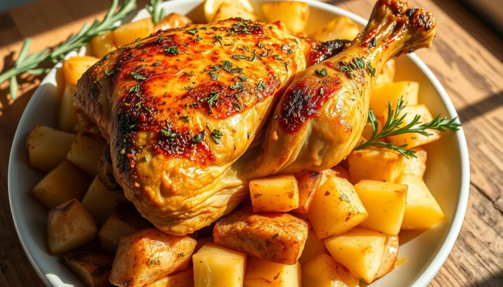 A delectable spread of succulent Greek chicken, perfectly roasted to a golden brown, sits atop a bed of fluffy, lemon-infused roasted potatoes. The chicken is seasoned with a aromatic blend of oregano, lemon zest, and garlic, creating a tantalizing aroma that fills the air. The potatoes, crispy on the outside and tender within, have soaked up the flavorful juices of the chicken, creating a harmonious fusion of textures and tastes. Warm Mediterranean sunlight bathes the scene, casting a soft, inviting glow and highlighting the vibrant colors of the dish. The overall composition evokes a sense of rustic, homemade elegance, inviting the viewer to savor the authentic flavors of traditional Greek cuisine.