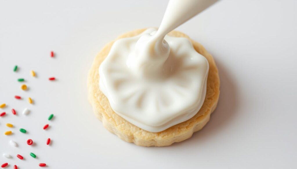 A delicate and glossy white royal icing, with a smooth and creamy texture, glistening under soft, even lighting. The icing is piped onto a fresh sugar cookie, forming intricate patterns and elegant designs. The cookie sits atop a clean, light-colored surface, surrounded by a few festive sprinkles in red, green, and gold tones, adding a touch of holiday cheer. The overall scene exudes a sense of refined simplicity, perfectly capturing the essence of decorating homemade Christmas cookies with royal icing and sprinkles.