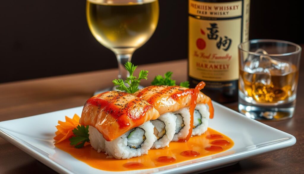 A delicate fusion of flavors - a plate showcasing perfectly baked salmon sushi, artfully arranged with vibrant garnishes. The salmon, its exterior gently charred, rests atop perfectly seasoned sushi rice, rolled with care. Surrounding the sushi, an array of complementary beverages - a tall glass of crisp, chilled white wine, and a smaller tumbler of a premium Japanese whiskey, on the rocks. Soft, warm lighting casts a subtle glow, accentuating the natural colors and textures of the dish. The composition is balanced, the presentation elegant, inviting the viewer to savor this harmonious pairing of baked salmon sushi and premium libations.