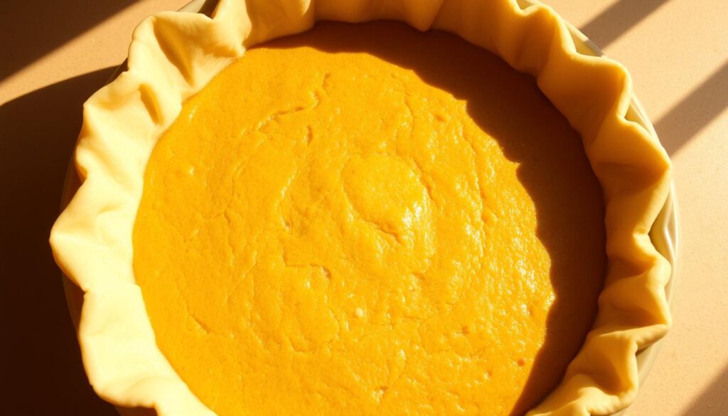 A freshly baked homemade pie crust, its golden-brown surface glistening with a light sheen. The flaky, buttery texture is visible, with delicate layers that invite a satisfying bite. The crust sits in a classic pie dish, casting a soft shadow on the countertop. Warm, natural lighting illuminates the scene, creating a cozy, inviting atmosphere. The crust appears crisp and well-seasoned, ready to hold a delicious pumpkin filling. This image perfectly captures the essence of a homemade pie crust, showcasing its simplicity and elegance.
