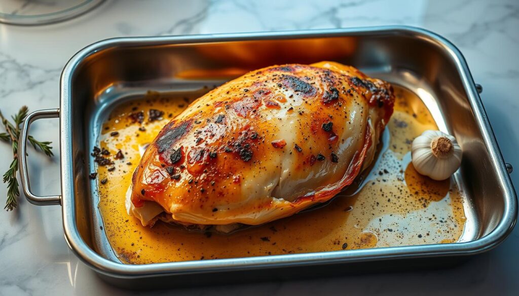 A gleaming stainless steel baking tray rests on a marble countertop, holding a perfectly golden-brown baked chicken breast. The skin is crisp and glistening, while the meat inside is tender and juicy. Aromatic herbs and garlic surround the dish, creating a mouthwatering scene. Soft, diffused lighting from above casts gentle shadows, highlighting the dish's delectable details. The camera angle is slightly elevated, capturing the full beauty of the essential cooking equipment required to prepare this tender Italian baked chicken breast recipe.
