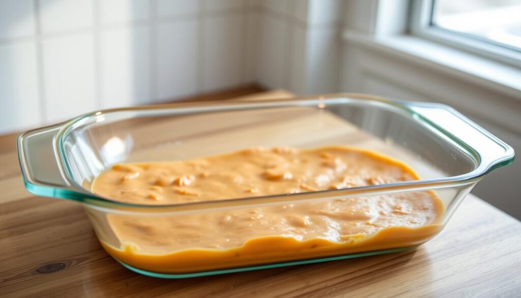 A gleaming, tempered glass baking dish with clean lines and a sturdy, heat-resistant construction, sitting atop a wooden kitchen counter under soft, diffused natural lighting. The dish is empty, awaiting the creamy sweet potato casserole to be lovingly prepared and baked within its spacious interior. A subtle reflection of the window's warm glow can be seen on the dish's smooth surface, creating a cozy, inviting atmosphere. The overall scene evokes a sense of culinary preparation and the promise of a delicious, homemade holiday dish.