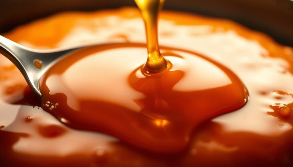 A glossy, golden-brown glaze glistens on the surface of freshly baked, caramelized brown sugar. The viscous liquid clings to a spoon, dripping slowly and enticingly. Soft, velvety shadows accentuate the sheen, creating a sense of depth and dimension. Warm, focused lighting illuminates the glaze from above, casting a radiant glow that hints at the sweet, tangy flavor within. The scene is captured in crisp, high-resolution detail, with a shallow depth of field that isolates the glaze and draws the viewer's eye to its sumptuous texture and alluring appearance.