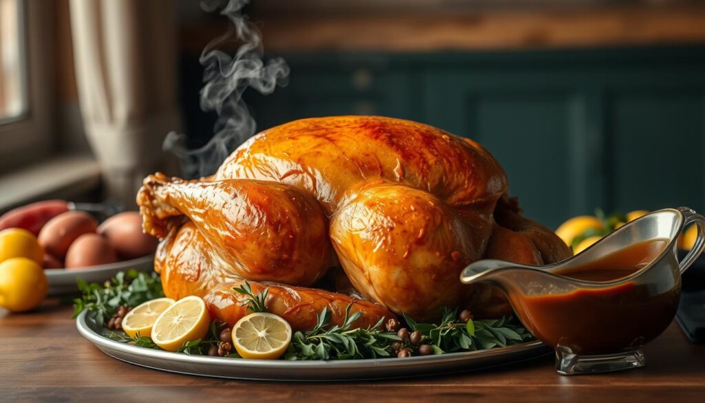 A large, golden-brown roasted turkey sits majestically on a wooden table, steam gently rising from its crisp skin. The bird is surrounded by fresh herbs, sliced lemons, and a gravy boat filled with rich, velvety sauce. Soft, diffused lighting from above casts a warm glow, highlighting the turkey's juicy, succulent meat. The scene is captured from a slightly elevated angle, allowing the viewer to appreciate the dish's impressive presentation. The overall mood is one of anticipation and culinary perfection, setting the stage for the perfect holiday meal.