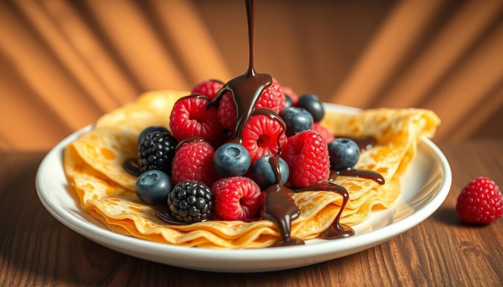 A mouth-watering gluten-free crepe with a golden-brown, delicate exterior and a soft, pillowy interior. The crepe is topped with a vibrant array of fresh seasonal berries - juicy raspberries, plump blueberries, and succulent blackberries. A drizzle of rich, dark chocolate sauce cascades over the crepe, creating a visually stunning contrast. Beams of warm, diffused light illuminate the scene, casting a cozy, inviting glow. The crepe is presented on a clean, white ceramic plate, allowing the colors and textures to take center stage. The overall composition evokes a sense of indulgence and culinary delight, perfectly capturing the essence of a delicious gluten-free crepe.