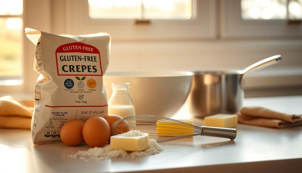 A neatly arranged still life of essential ingredients for gluten-free crepes, bathed in warm, golden natural lighting. In the foreground, a stack of gluten-free flour, eggs, milk, butter, and a whisk resting on a clean, white surface. In the middle ground, a large mixing bowl and a small saucepan. In the background, a bright, airy kitchen window overlooking a serene outdoor scene. The composition emphasizes the simplicity and purity of the ingredients, conveying the idea of a wholesome, homemade recipe.