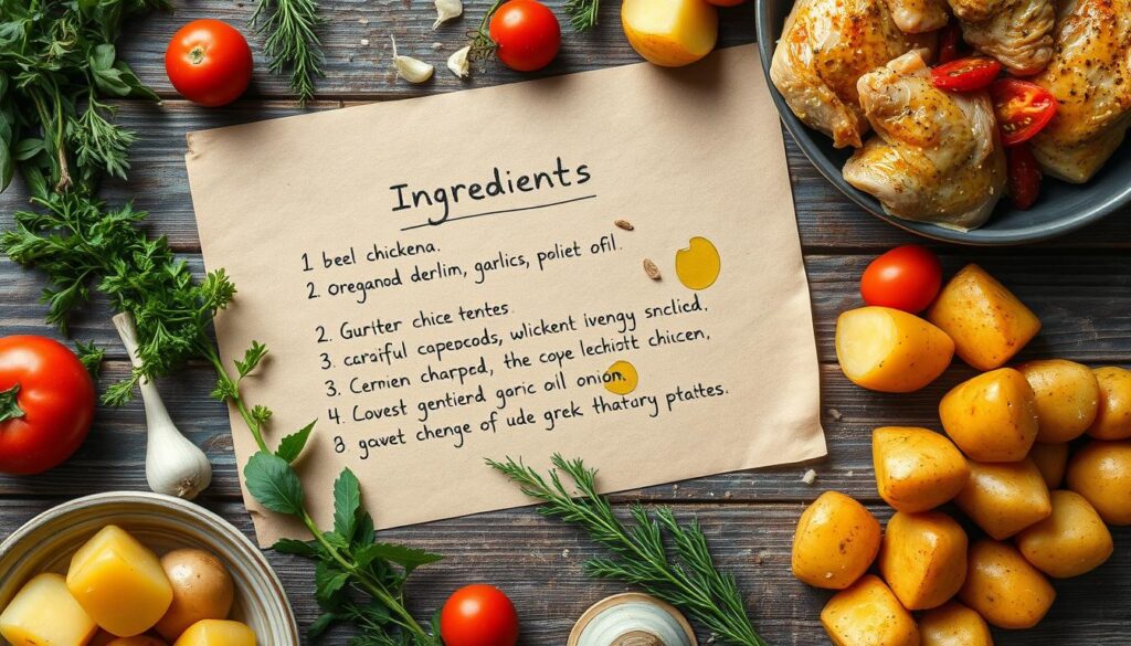 A rustic, handwritten ingredients list for a delicious Greek chicken and potatoes dish, laid out on a weathered wooden table. The list features a mix of vibrant herbs and spices, including oregano, lemon, garlic, and olive oil. Carefully arranged around the list are the key ingredients - tender chicken thighs, golden potatoes, and fresh vegetables like tomatoes and onions. The lighting is soft and natural, casting a warm, inviting glow over the scene. The overall mood is one of homey, Mediterranean comfort, reflecting the hearty, flavor-packed nature of the dish.