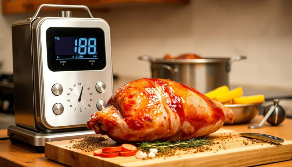 A stainless steel kitchen scale prominently displayed, its digital display showing the time and temperature. In the foreground, a pork roast rests on a cutting board, surrounded by various spices and herbs. The middle ground features a roasting pan and a meat thermometer, creating a sense of preparation and anticipation. The background is a warm, softly-lit kitchen, with hints of wooden cabinetry and tiled backsplash. The overall scene conveys a professional, yet inviting atmosphere, highlighting the importance of precise time and temperature for achieving the perfect glazed ham.