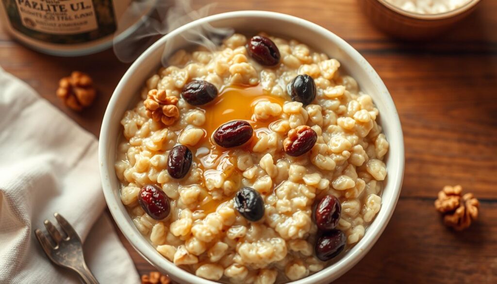 A steaming bowl of homemade oatmeal, cooked to a creamy, thick consistency. The oats are golden brown, glistening with a light drizzle of honey. Plump raisins and crunchy walnuts are scattered across the surface, adding pops of texture and flavor. The scene is bathed in warm, soft lighting, creating a cozy, inviting atmosphere. Shot from an overhead angle, the image showcases the hearty, comforting nature of this classic breakfast dish. The wooden table surface in the background adds a rustic, homey feel, complementing the nourishing qualities of the oatmeal.