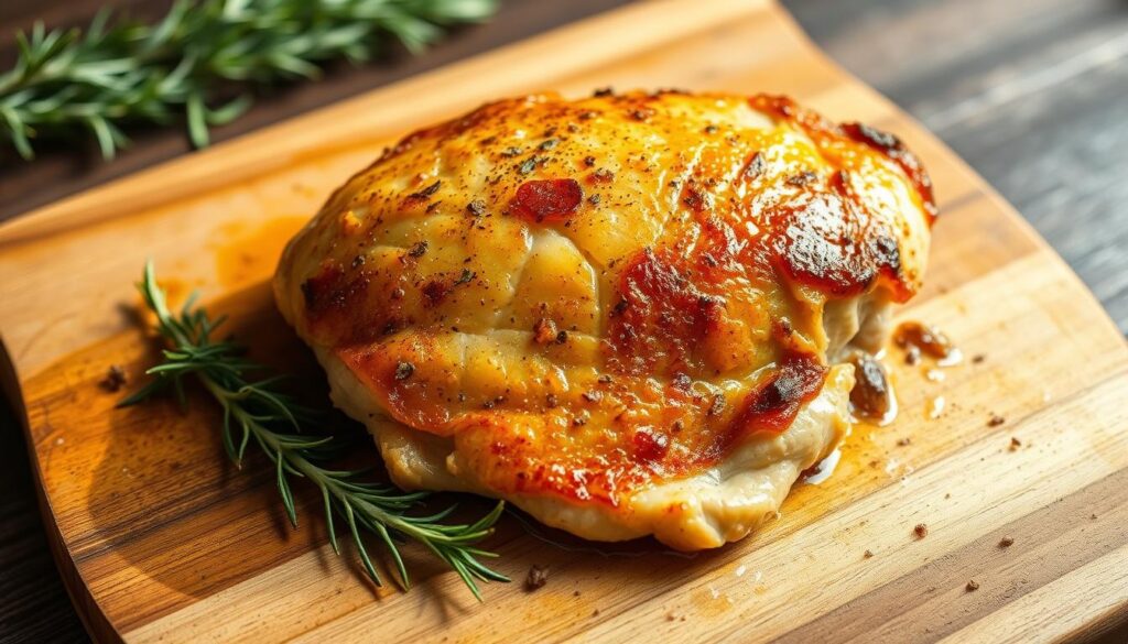 A succulent Italian-style baked chicken breast, golden brown and glistening, rests on a rustic wooden cutting board. The skin has a delicate crunch, while the meat inside is tender and juicy. Herbs like rosemary, thyme, and garlic are scattered around the plate, adding depth and fragrance. The lighting is warm and natural, casting soft shadows that accentuate the dish's textures. The camera angle is slightly elevated, capturing the entire breast in the frame and highlighting its inviting presentation. The overall mood is one of homemade comfort and culinary craftsmanship, perfectly suited for a "Baking Instructions" section in an article about tender Italian baked chicken.