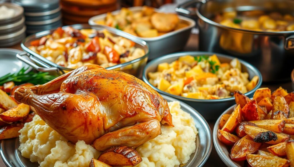 A sumptuous spread of classic chicken and potato dishes, captured in a warm, inviting light. In the foreground, a perfectly roasted chicken, its golden-brown skin glistening, nestled atop a bed of fluffy, buttery mashed potatoes. Surrounding it, a medley of colorful, crispy roasted potato wedges, their edges caramelized and seasoned to perfection. In the middle ground, a casserole dish brimming with a creamy, cheesy potato gratin, its bubbly, golden-brown crust beckoning. In the background, a simmering pot of hearty chicken and potato stew, its rich, savory broth dotted with tender chunks of chicken and tender, starchy potatoes. The scene exudes the comforting aroma of a well-crafted home-cooked meal, inviting the viewer to savor the classic, satisfying flavors of this beloved culinary pairing.