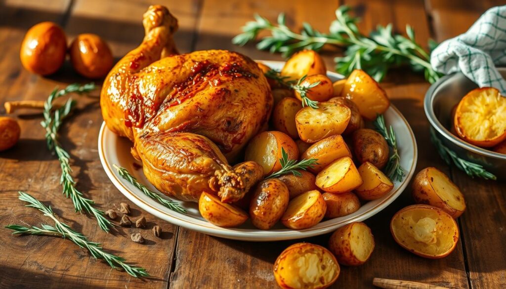 A vibrant, appetizing display of roasted chicken and roasted potatoes, presented on a rustic wooden table. The chicken is golden-brown, with crispy skin and juicy, tender meat. The potatoes are perfectly cooked, with a fluffy interior and a delicate, caramelized exterior. The scene is bathed in warm, natural lighting, casting a comforting glow. Aromatic herbs and spices are scattered around the plate, hinting at the delicious flavors. The composition is balanced, with the chicken and potatoes taking center stage, surrounded by a simple, uncluttered background that allows the food to shine. This image evokes the comforting, satisfying essence of well-prepared chicken and potato dishes.