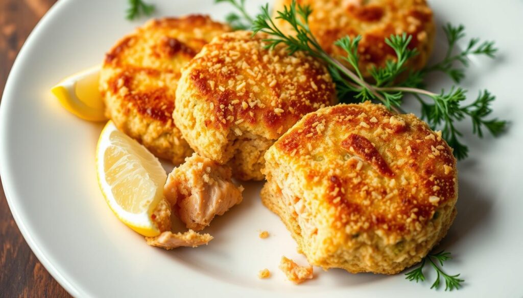 Canned salmon cakes with a crispy golden-brown breadcrumb coating, arranged artfully on a clean white plate. The cakes are nestled among fresh sprigs of dill, with a lemon wedge nearby to add a bright citrus accent. Warm, indirect lighting casts a soft, inviting glow, highlighting the delicate flaky texture of the salmon interior. The overall composition radiates a comforting, homemade aesthetic, suitable for illustrating a recipe section on preparing salmon cakes from canned ingredients.