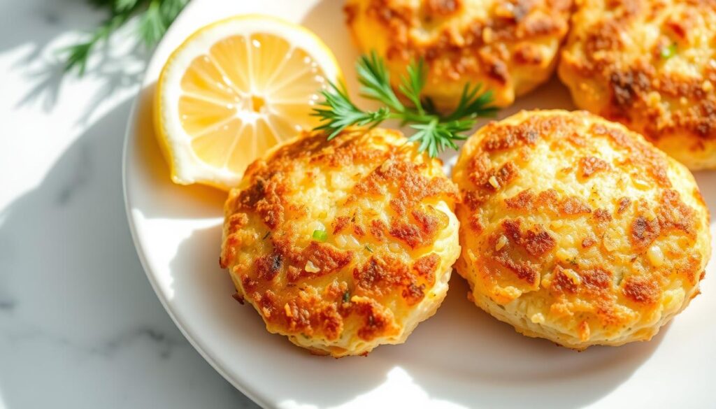 Crisp, golden-brown baked salmon cakes, nestled on a white plate, with a light, airy texture and a delicate, flaky interior. Garnished with fresh lemon wedges and a sprig of dill, casting gentle shadows in soft, natural lighting. The cakes are arranged in a visually appealing, symmetrical composition, inviting the viewer to imagine the satisfying crunch and savory flavors. The scene conveys a sense of homemade, wholesome goodness, with a focus on the preparation process and the end result - a delicious and visually stunning dish.